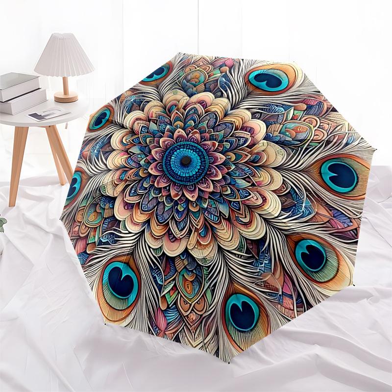 1pc Peacock Feather Mandala Automatic Folding Umbrella - Portable 3-Fold Design, 8-Bone Iron Frame Outdoor Umbrella, Ideal Gift for Fans, Travelers, D