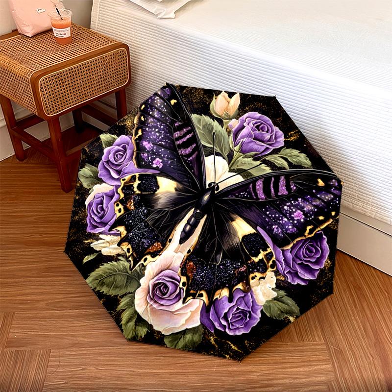 1 PC Automatic Folding Umbrella - Butterfly and Roses Pattern, Portable & Foldable Design with 8 Ribs, Christmas Birthday Gifts