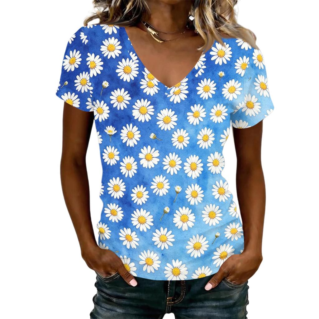 Women's Casual V Neck Short Sleeve Floral Print T Shirt Top Lightweight Comfortable Summer Tee with Daisy Pattern