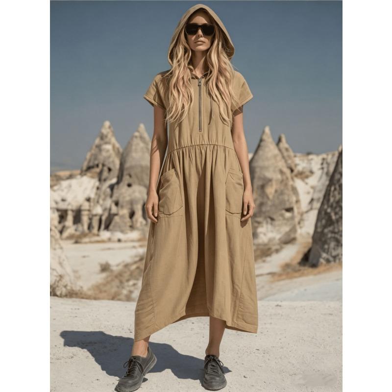 Vintage Loose Fit Hooded Half Zip Mid Length Dress With Pockets