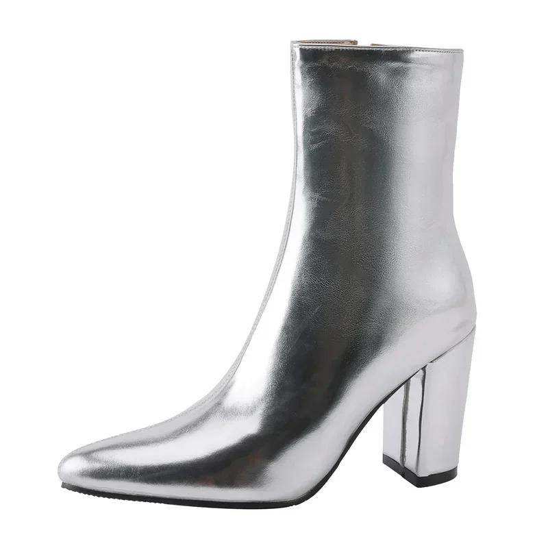 

Winter Women Silver Gold Metallic PU Ankle Boots High Chunky Heel Party Office Lady Fashion Pointed Toe Zipper Plush Short Boots 34