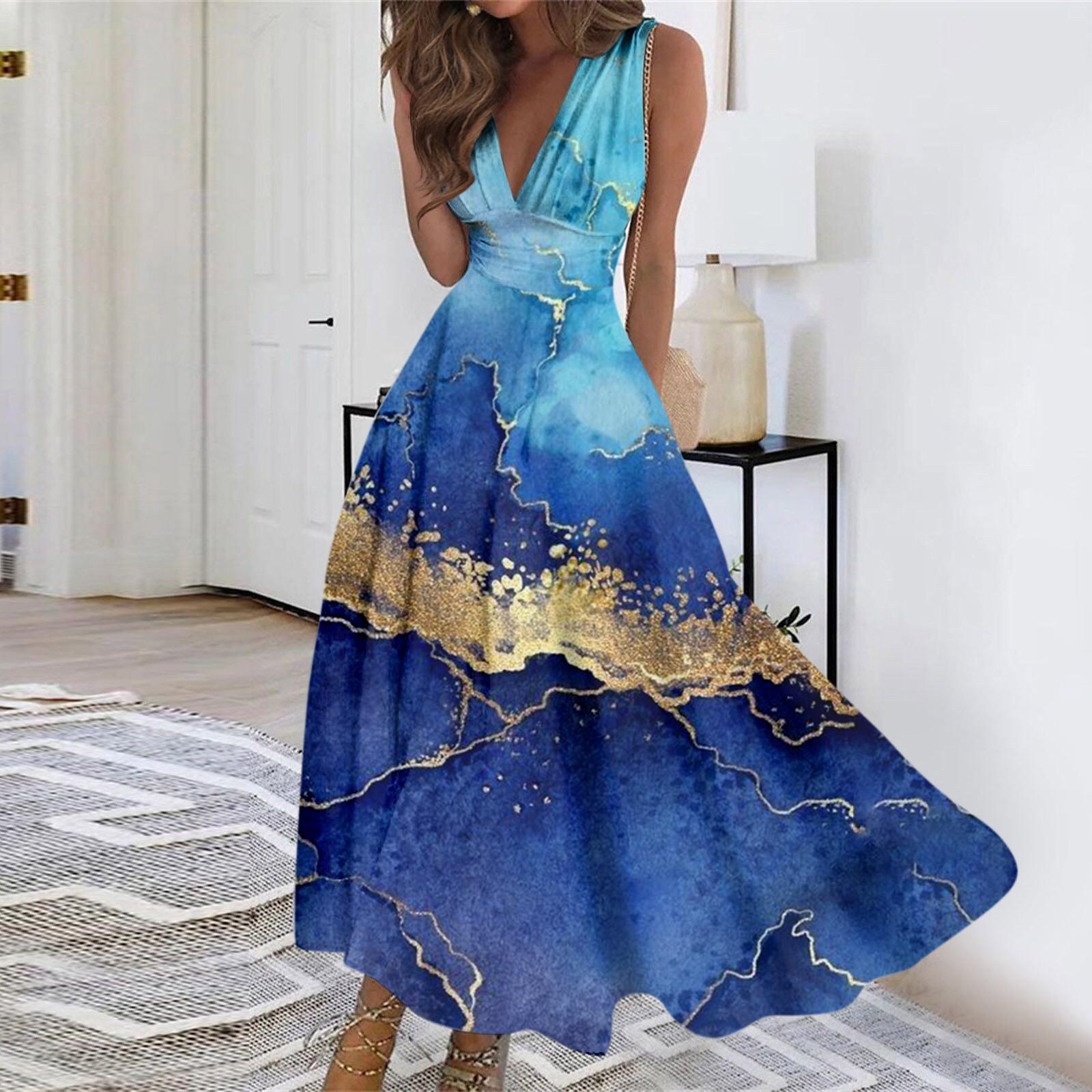 

Женское длинное платье Платье макси Повседневное платье Летнее повседневное платье без рукавов с v-образным вырезом в стиле бохо с талией и принтом M