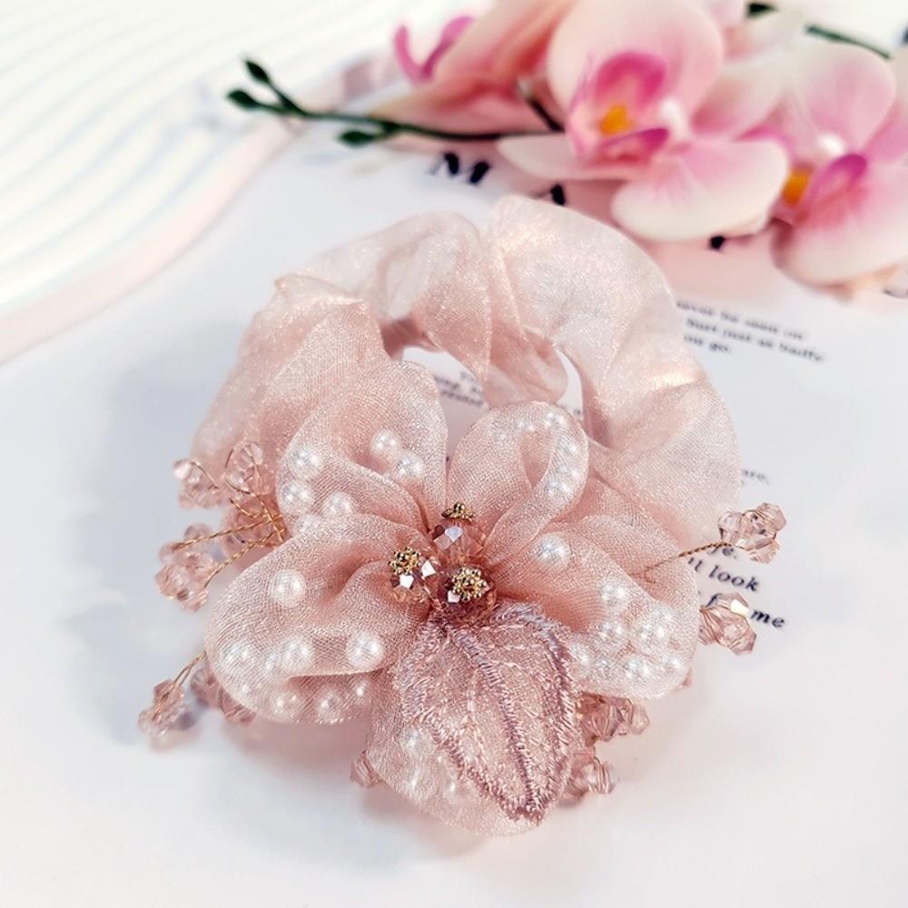 Organza Flower Hair Rope Faux Pearl Hair Rubber Bands Floral Hair Scrunchies Hair Accessories 06