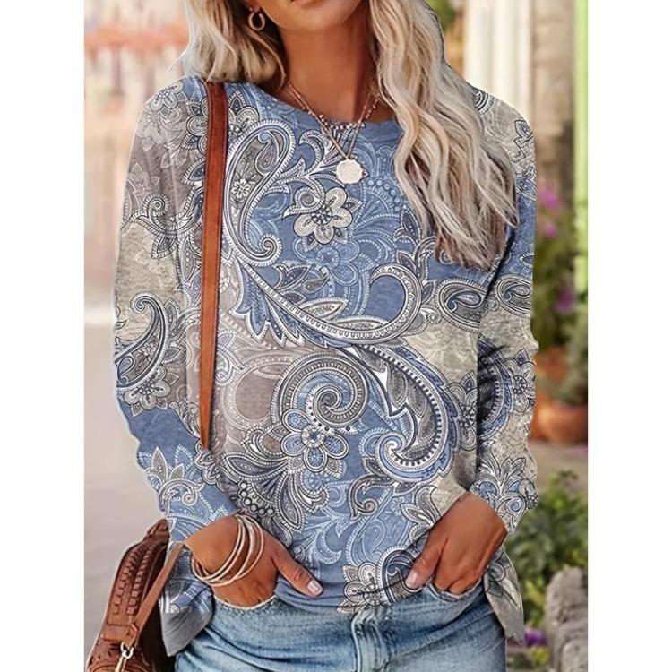 Women Plus Size Boho Paisley Print Long Sleeve Round Neck Tshirt Slight Stretch