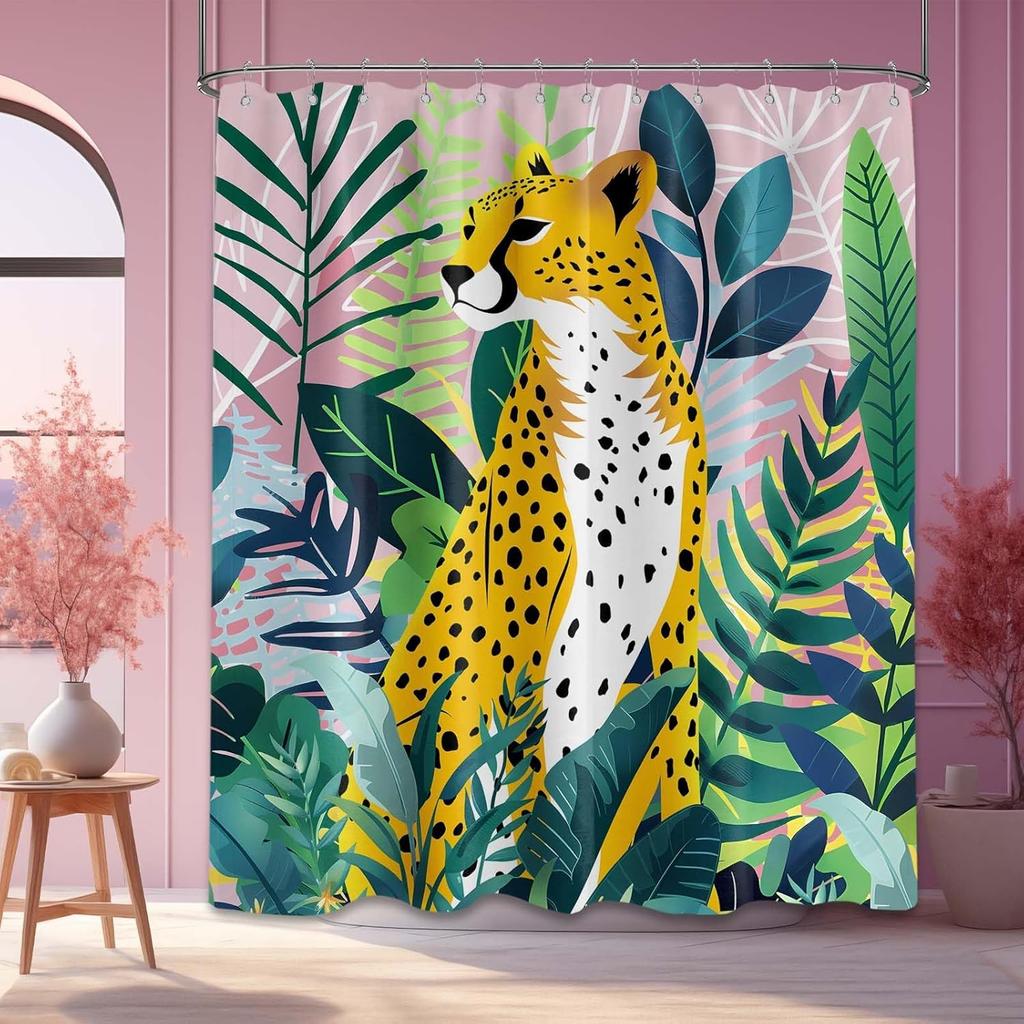 Tropical Jungle Leopard Cheetah Shower Curtain, Wild Animal Palm Leaf Waterproof Bathroom Decor Fabric Curtain With Hooks