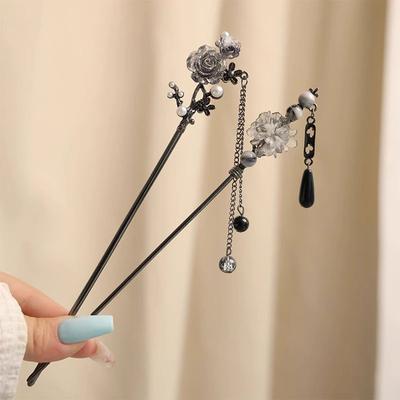 1Pc Alloy Ancient Style Headdress Exquisite Tassel Hairpin Gift Ink Wash Rose Ink Wash Pine Leaves Apparel Decoration