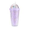 550ml Rainbow Plastic Water Bottle Double Layer Sequins Drinking Cup With Straw Women Girl Gift Purple