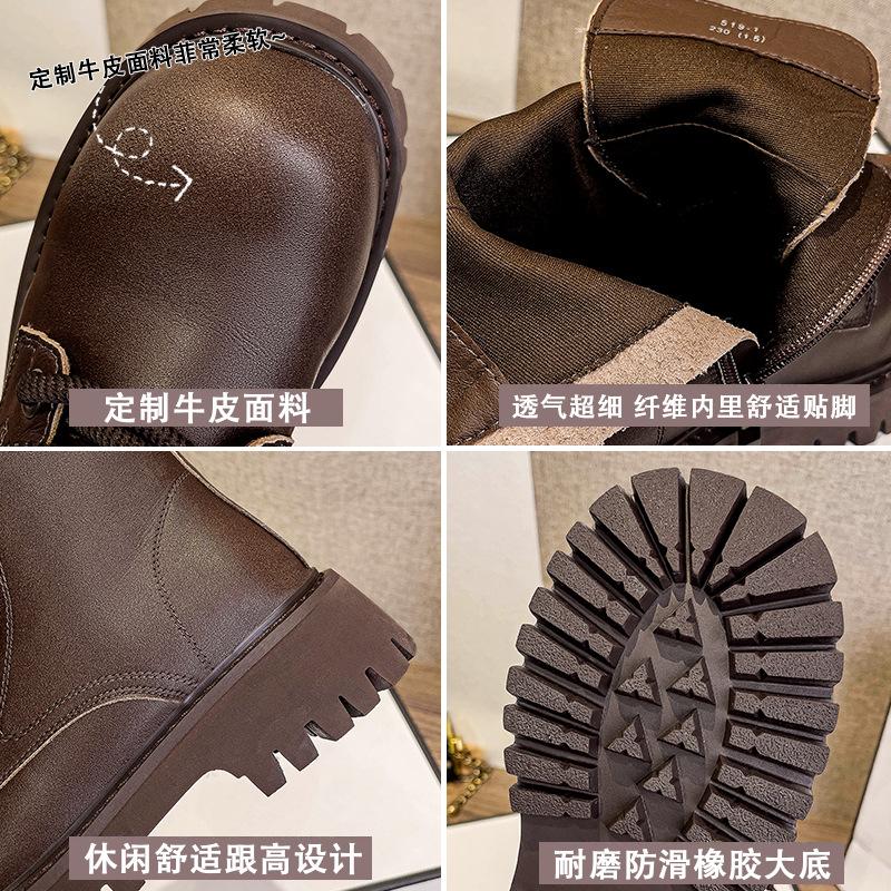 New Spot European Station Leather Goose Head Boots Women's 2025 Autumn Niche Thick-soled Big Head Lace-up Locomotive Short Boots Martin