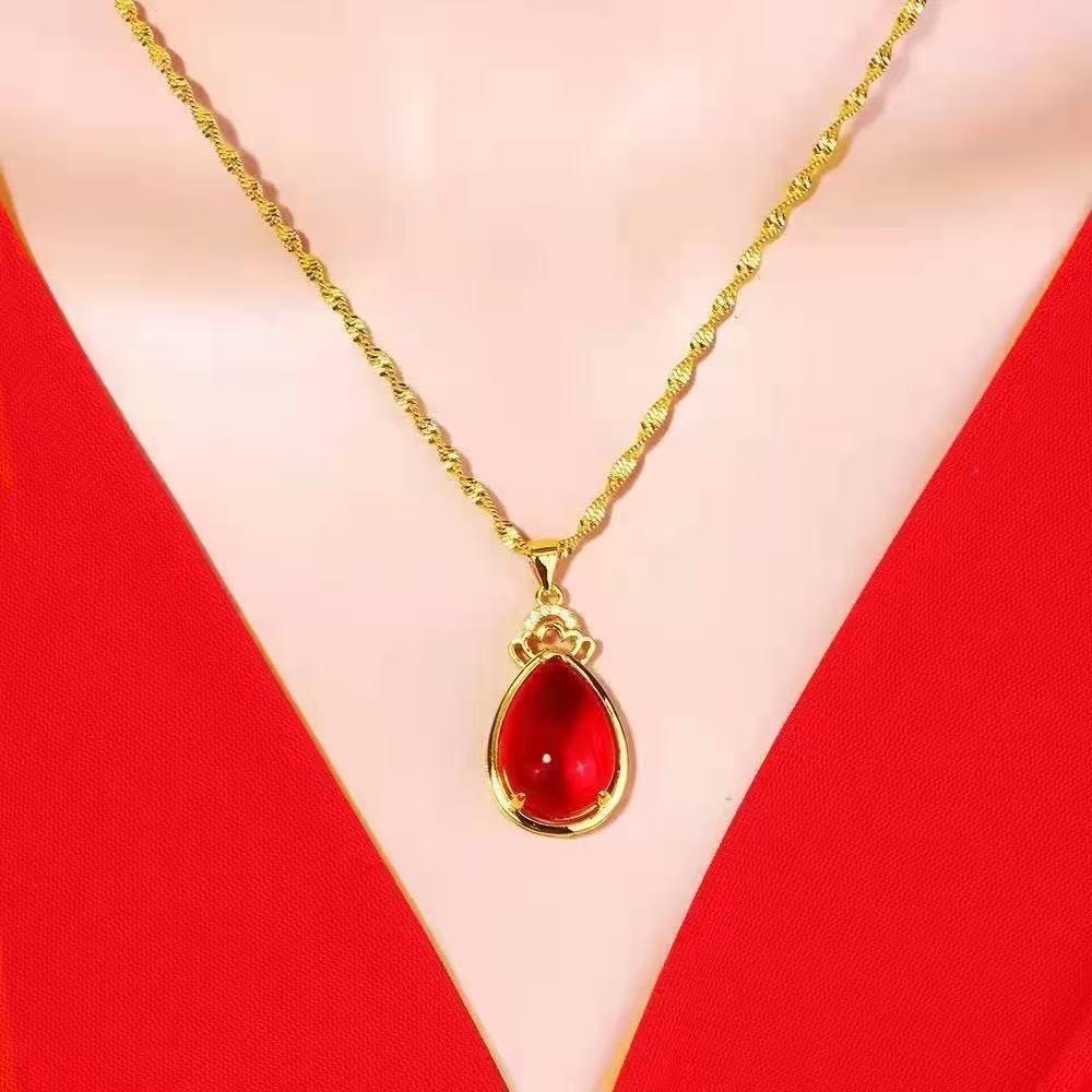Women s Red Gold Water Drop Pendant Necklace - Elegant Water Wave Design