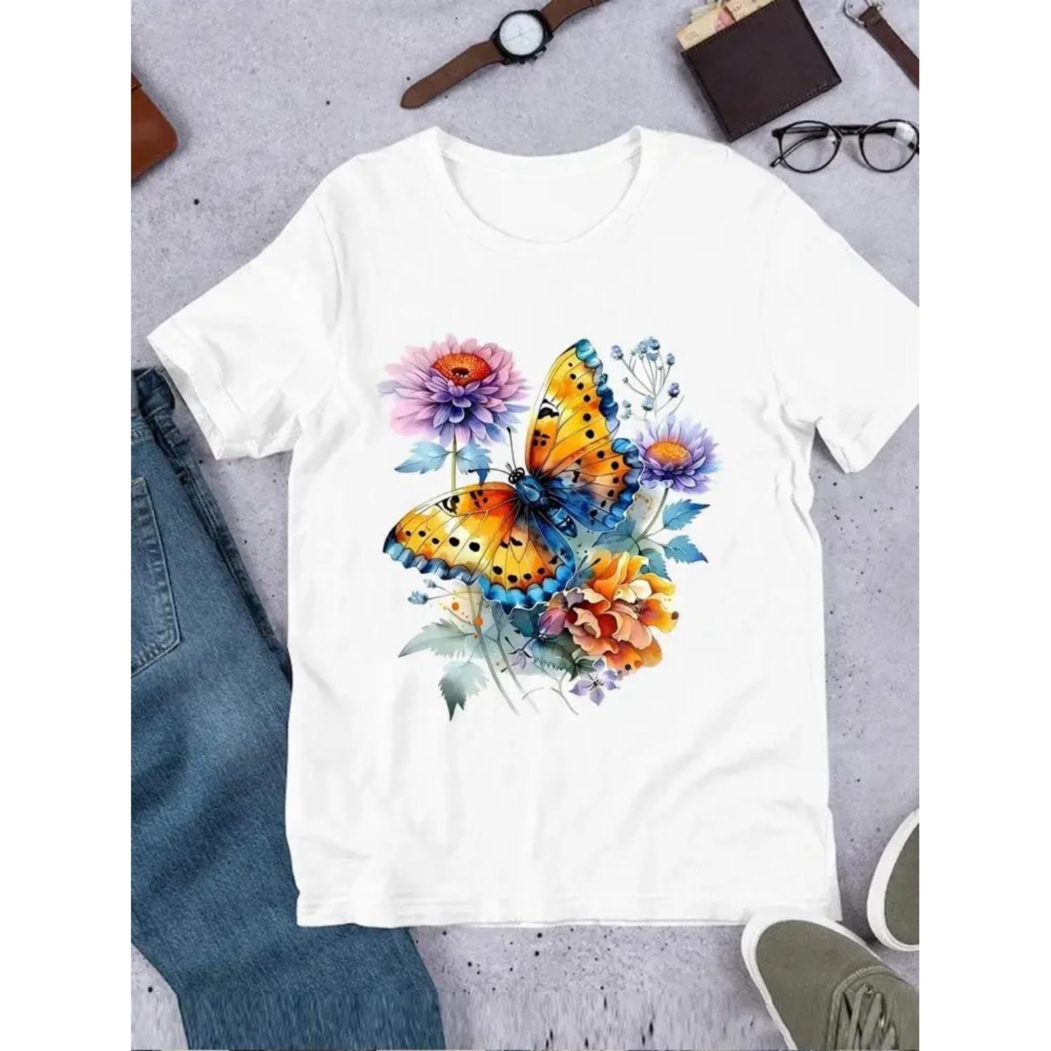Casual Printed O-neck Printing Clothes Ladies Butterfly Trend 90s Fashion Short Sleeve Women Femalesocial event Clothing S