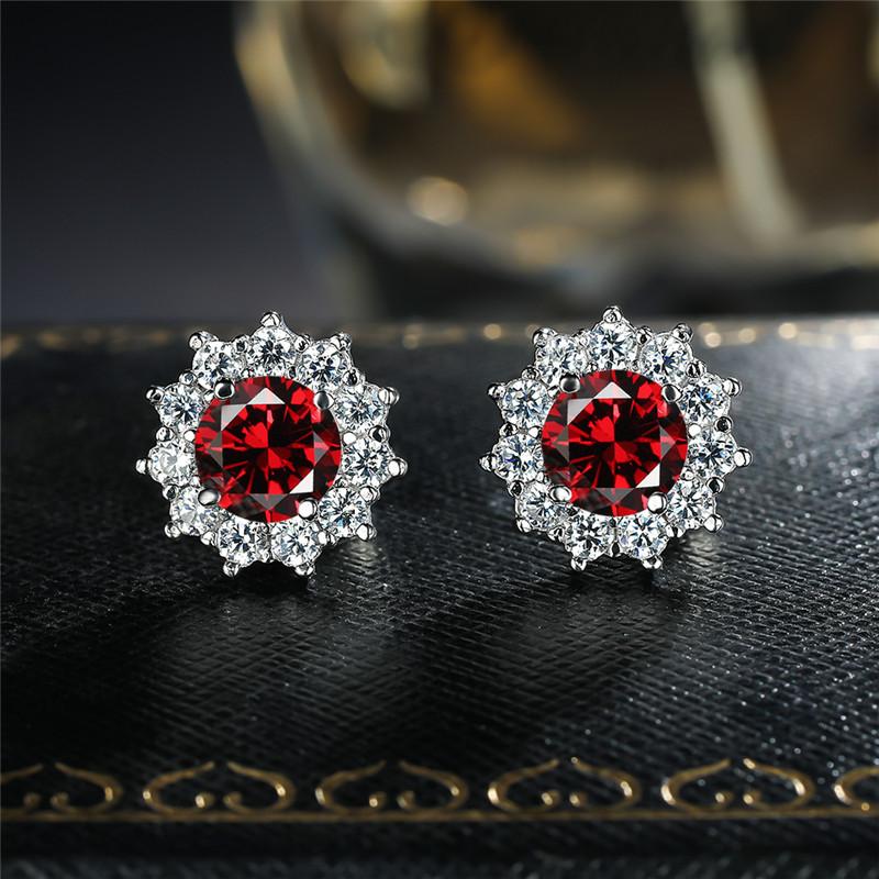 Cute Female Small Red Round Earrings Crystal Stone Fashion Silver Color Wedding Double Stud Earrings For Women