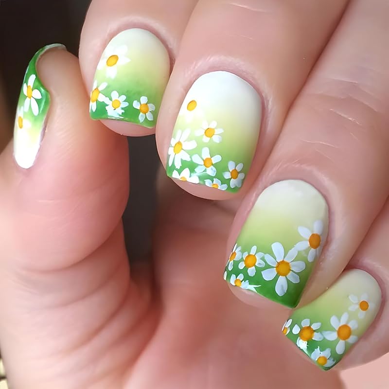 

Накладні нігті Короткі Квадратні Котяче око Глянцеві Повне покриття Акрилові Накладні нігті Квадратної форми з Малюнками Зірок Штучні Короткої Довжини Накладні Нігті з Green and Daisy