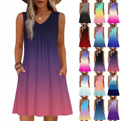 Women's Fashion Printed Summer Sleeveless V-neck Tank Top Pocket Casual Loose Dress