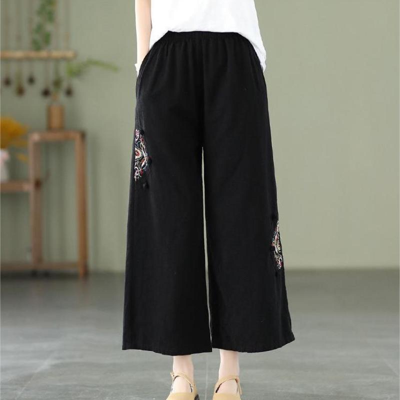 Vintage-Inspired Embroidered Wide Leg Pants for Women - High Waist, Loose Fit, Light Blue Floral Design,Casual Wear Pants Floral Embroidered Trousers