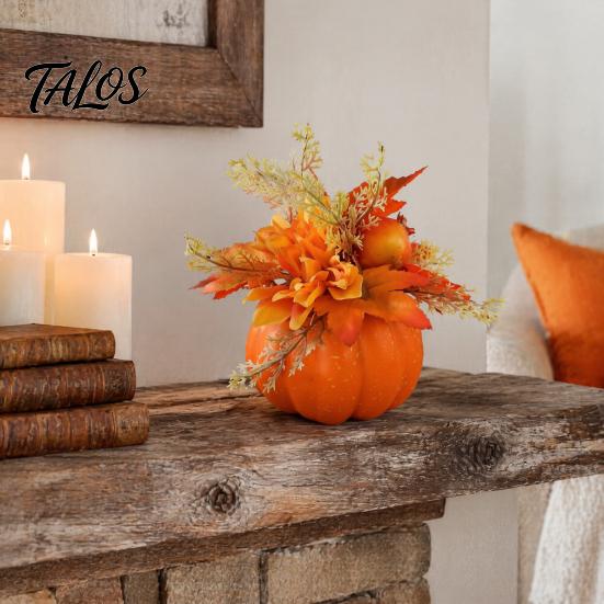 Indoor Halloween Holiday Accents Fall Pumpkin Table Ornament, Artificial Foam with Flower, Maple Centerpiece for Home Leaves, Berry Autumn Harvest