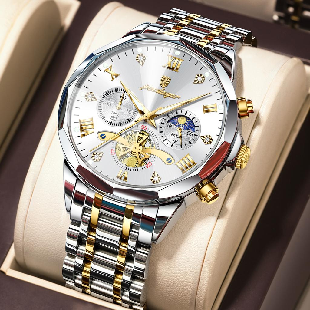 Mens Watch Multifunctional Chronograph Quartz Watch Moon Phase Watches For Men Waterproof Mens Gifts Reloj