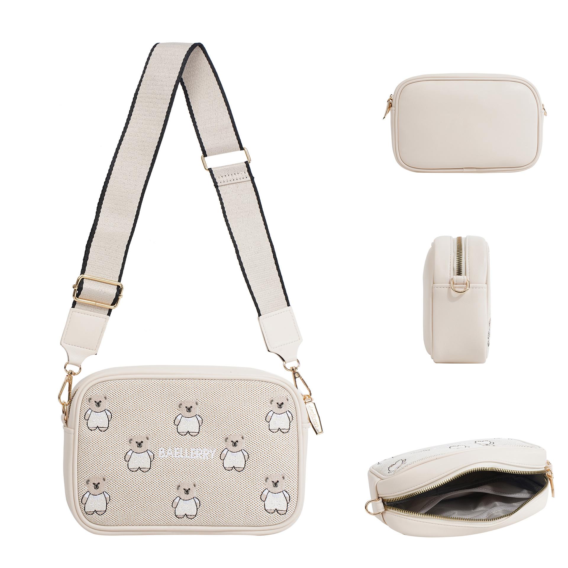 Women s Crossbody Bag Embroidered Cute Bear PU Phone Purse бежевый