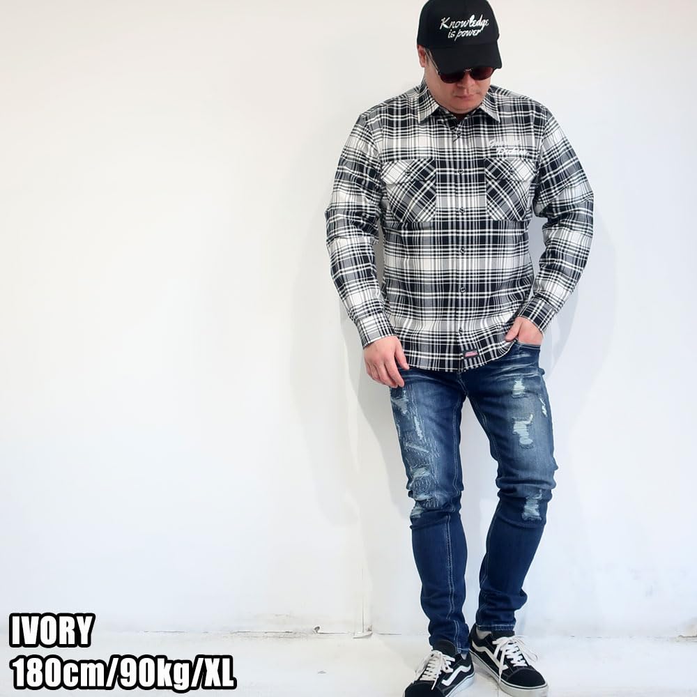 Men's Dickies Check Shirt, Oxford Work, Long Sleeve, Sizes M, L, XL, Black, Red, Ivory, Charcoal, 10001811 (JP, Alphabet, XL, IVORY)