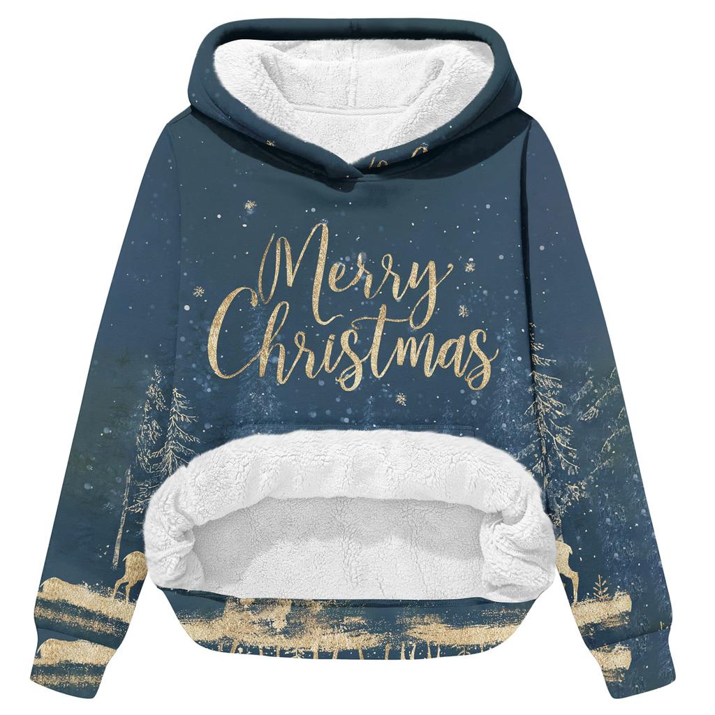 Women's Fashionable Casual Long-Sleeved Christmas Print Fleece-Lined Thick Hooded Sweatshirt