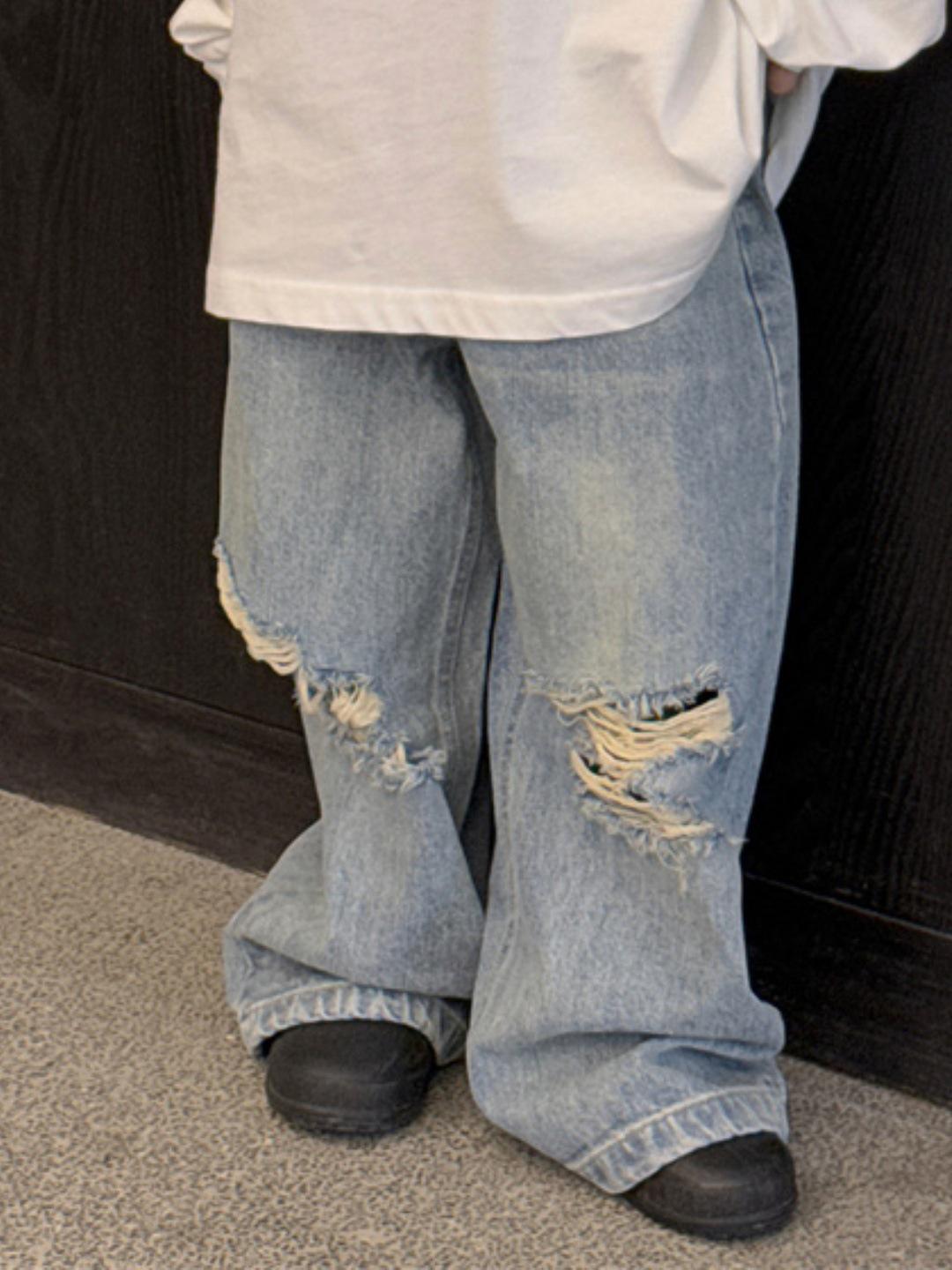 

Деревянная Овца Весна 2025 Детские Джинсы Клеш с Рваными Краями - Трендовые для Мальчиков и Девочек 140cm синий