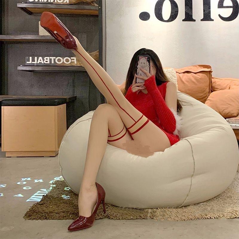 Sexy Complexion Red-edged Leg Ring Shrimp Line Over The Knee Thigh Stockings Internet Celebrity Royal Sister Wind Thin Thin Skin-penetrating Stockings