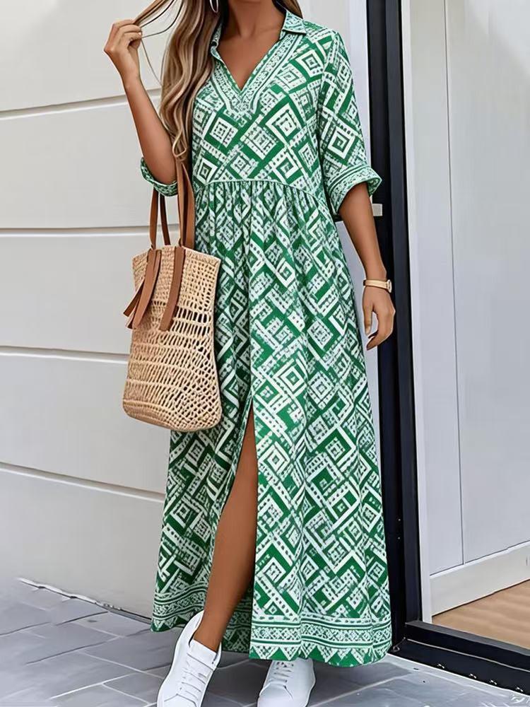 Spring Women's Casual Loose Printed Beach Dress with Lapel and Mid-Sleeve Pockets