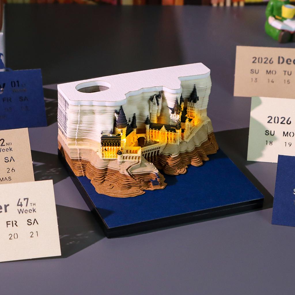 Magic Castle Weekly Calendar With Led Light 2026 Time Piece Calendar 3D Art Paper Carving Memo Pad Notepad for Christmas Gifts