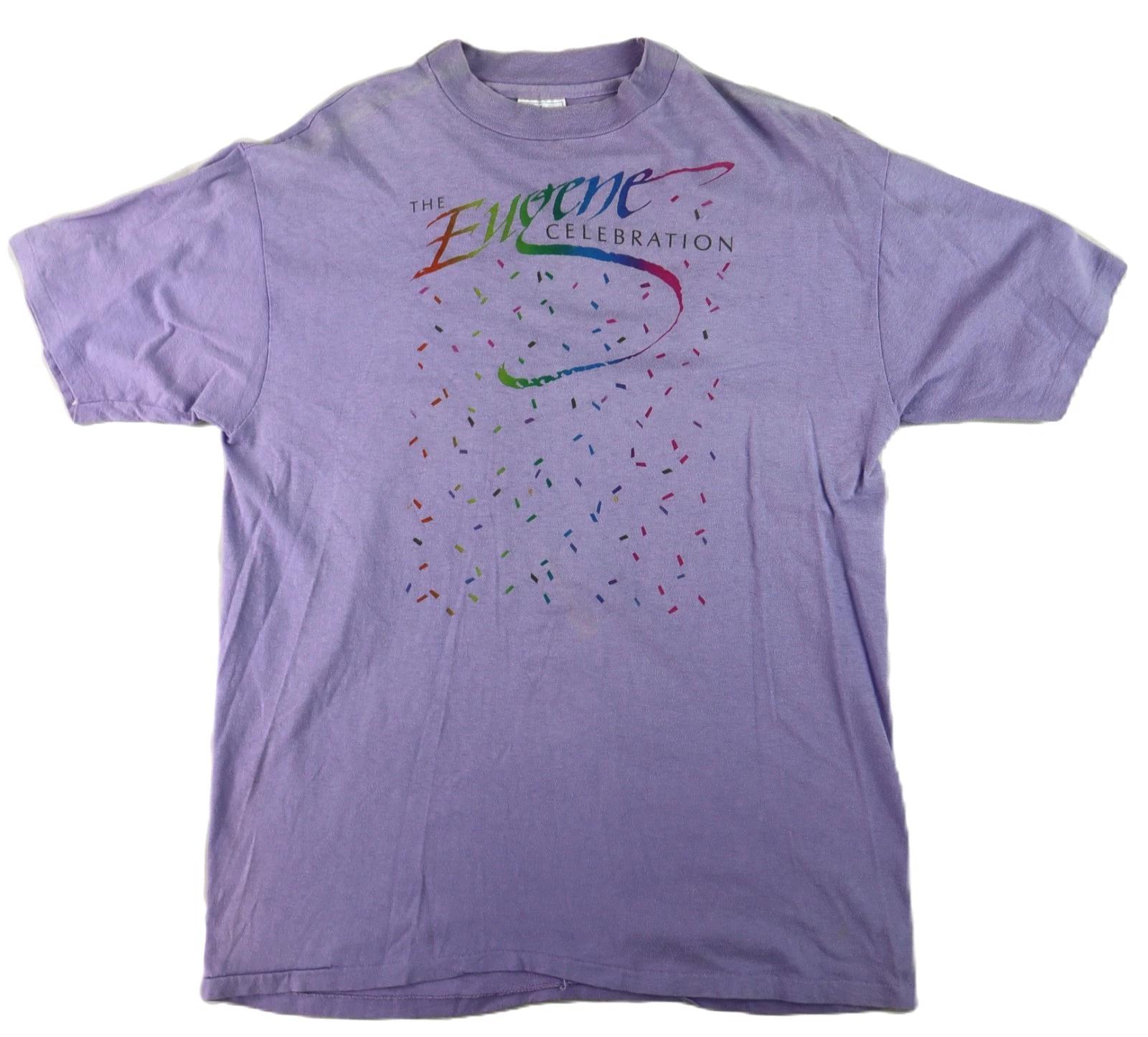 VTG 80s 90s USA Adult XL EUGENE CELEBRATION Confetti Rainbow Purple T Shirt XL