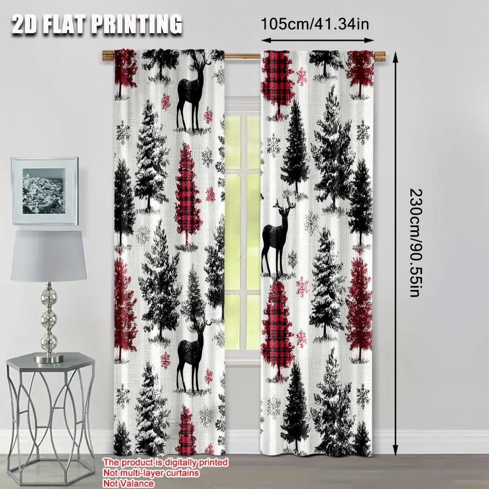 2pcs 2D flat printing Window Treatment Curtains Christmas Deer Snowflake Plaid 100% Polyester Without Electricity Holiday