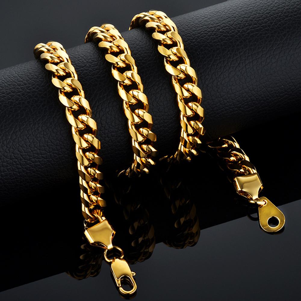 Long 316L Stainless Steel Chunky Miami Cuban Link Chain Gold Plated Hip Hop Necklace 8mm-10mm for Men Women