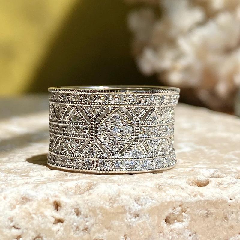 Retro Ethnic Style Zircon Wide Version Ring, Flower Pattern Female Bohemian Tibetan Ring, Exotic Style Accessories