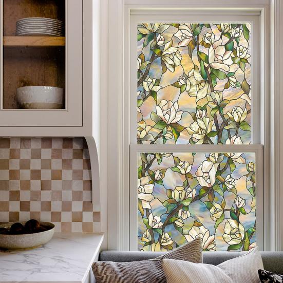 Yousheng Window Privacy Film Stained Glass Floral Static Window Cling Decorative UV Blocking Heat Control Glass Sticker for Glass Doors
