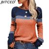 Fall/Winter Women's Lace-Up Elegant Commuter Top Long-Sleeve Knit Striped Color-Blocked O-Neck Sweater