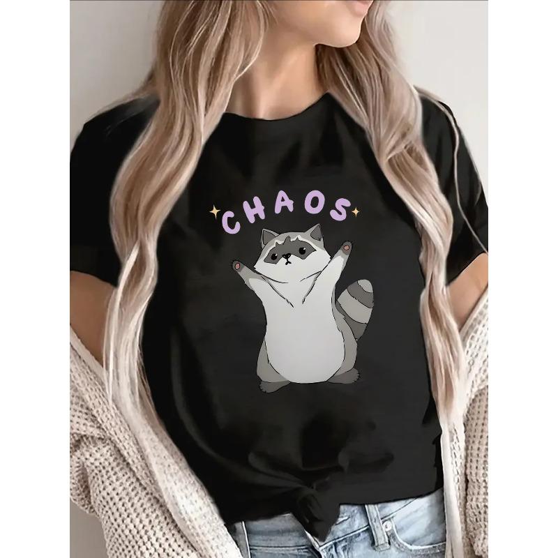 

Women s Humorous Raccoon Chaos Graphic Tee Casual Short Sleeve Daily Wear Top S чёрный