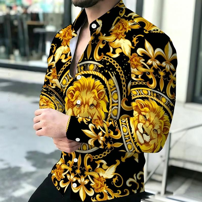 Men's Shirt Personalized Printed Long Sleeve Shirt Black Brown Contrasting Design Sense Shirt Street Trendy Men's Wear
