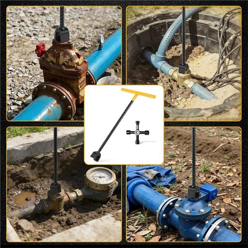 B97A-T-Handle& U-Head Water Meter Shut Off Tool- Reinforced Rebar Steel 12 Inch Inch Water Meter Wrench With 4-Way Utility Key