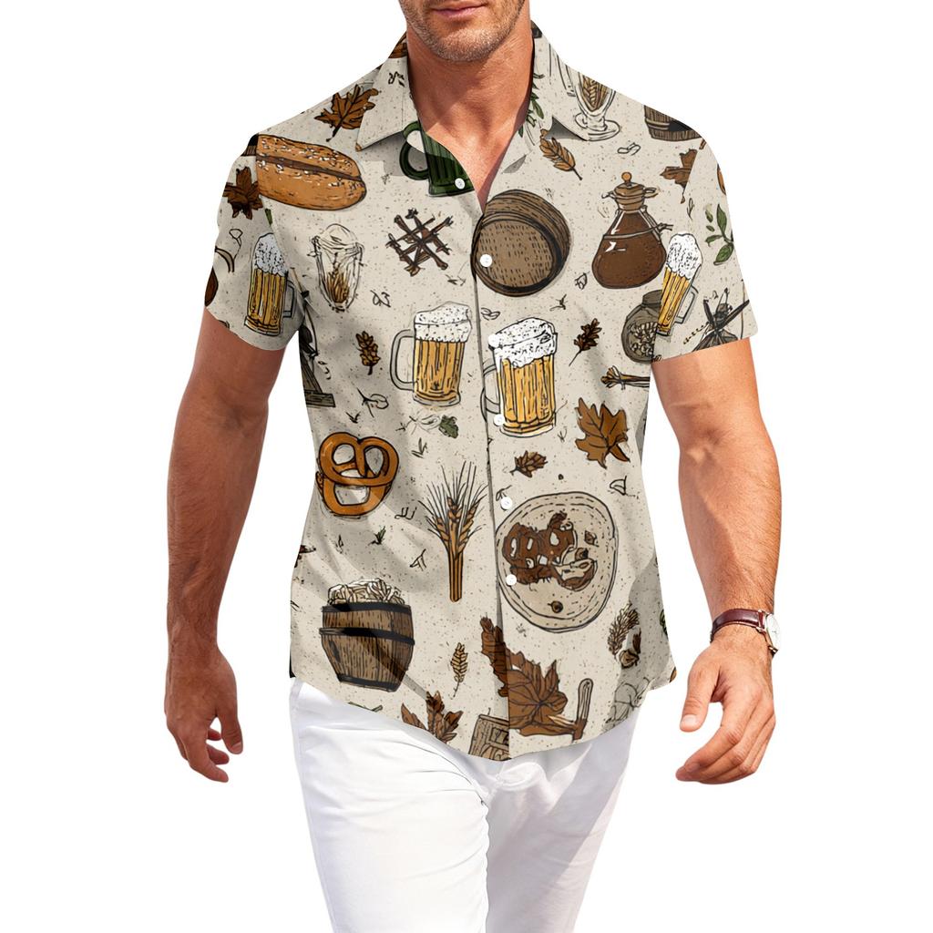 Men's Casual Short Sleeve Button Down Shirt Beer Mug Print Lightweight Breathable Fabric Relaxed Fit Summer Shirt