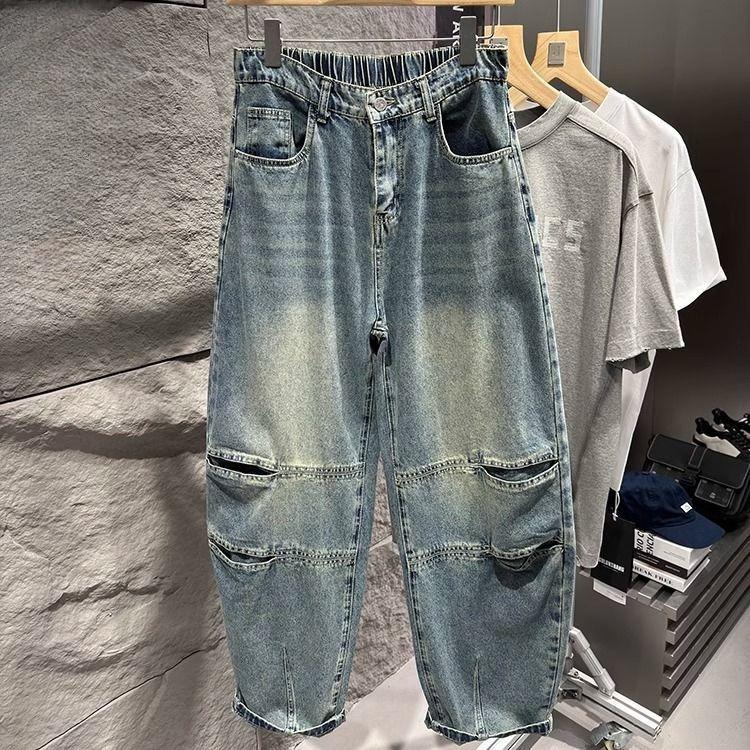 Men s and Women s Large Size Scimitar Jeans Loose Straight Wide Legs Washed Casual Vintage Wash Baggy Jeans Elasticated Waistband Wide-leg Pants M синий