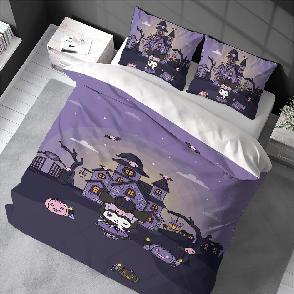 Kawaii K-Kuromi Duvet Cover Set Home Style Bedding Soft Laundry Cotton Bed 3 Piece Set Student Dormitory Gift