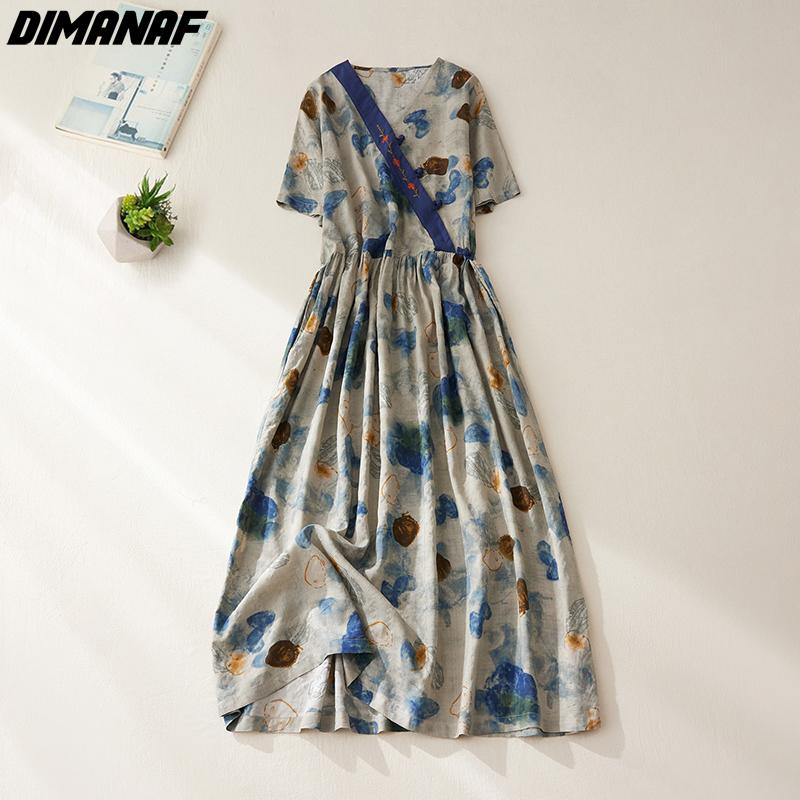 

DIMANAF женское летнее стильное платье 2022, льняное длинное платье с вышивкой и цветочным принтом, свободное платье большого размера с v-образным вырезом
