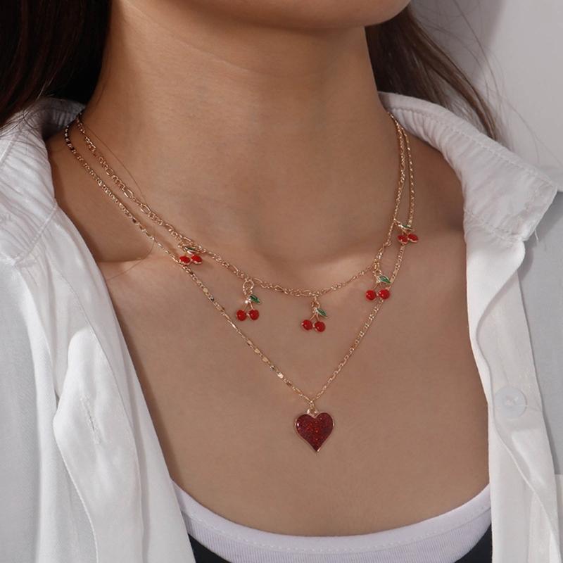Trendy INS Style Neck Chain Jewelry Sweet Cool Double Layer Necklace with Lovely Cherry/Grape and Heart Pendant Charm