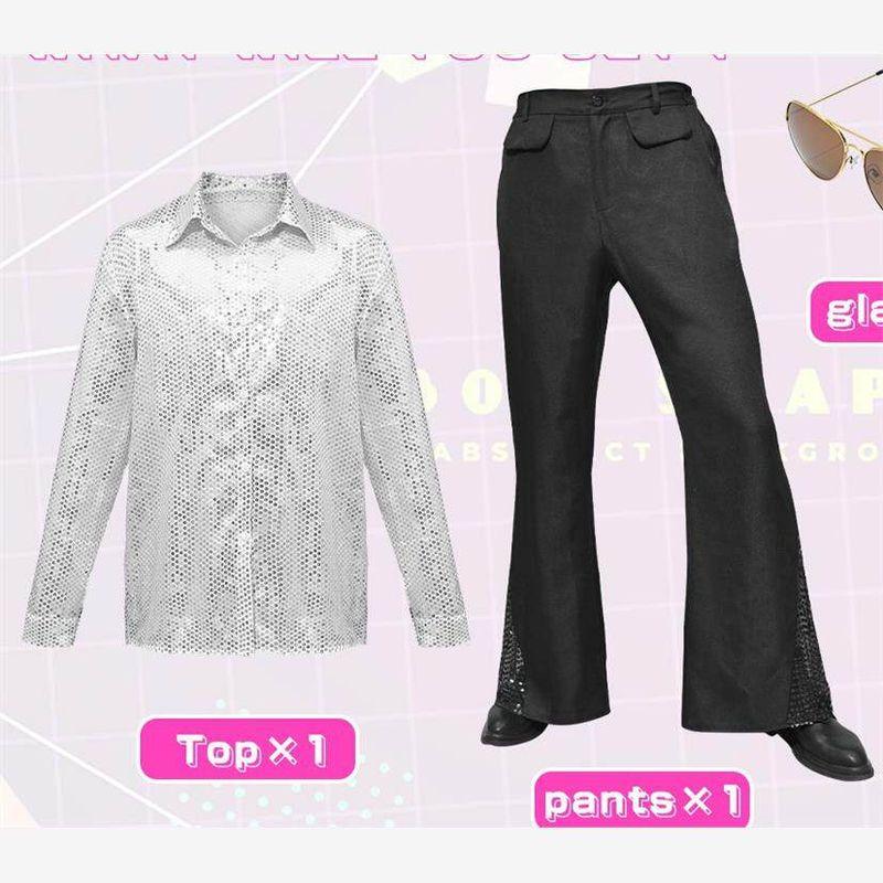 European and American 1970s Men's Classic Casual Retro Sequins Trumpet pants Performance Comprehensive Sequins Set Performance Dress.