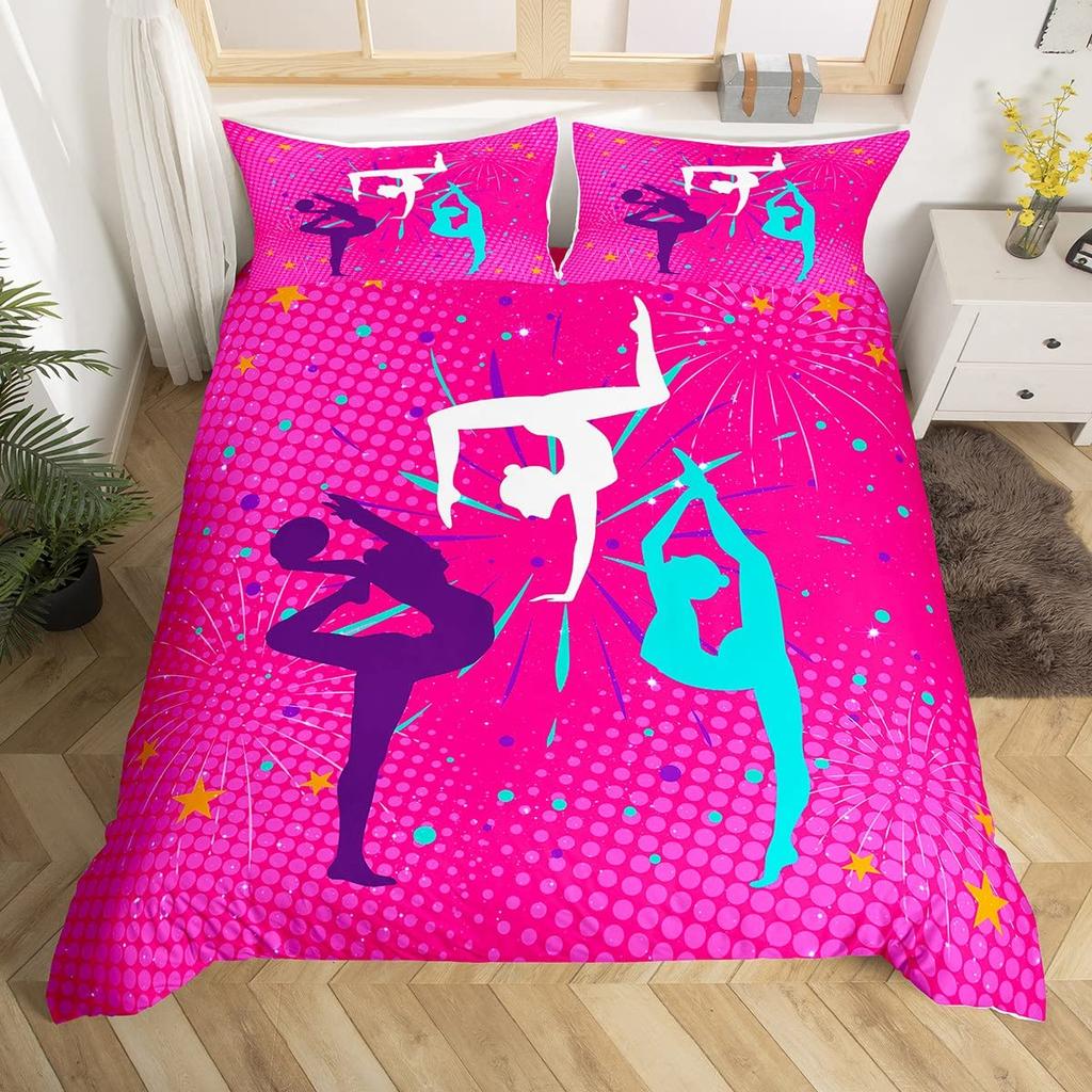 Gymnastics Duvet Cover Gymnastics Lovers Comforter Cover for Gymnast Girls Teens Room Dorm Decor, Sports Silhouettes Bedding Set