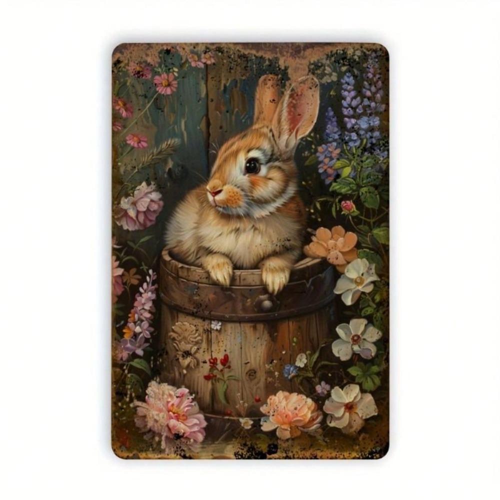 Vintage Metal Tin Sign Rabbit Flower Basket Wall Decor 8x12 Inch Home Bar Cafe