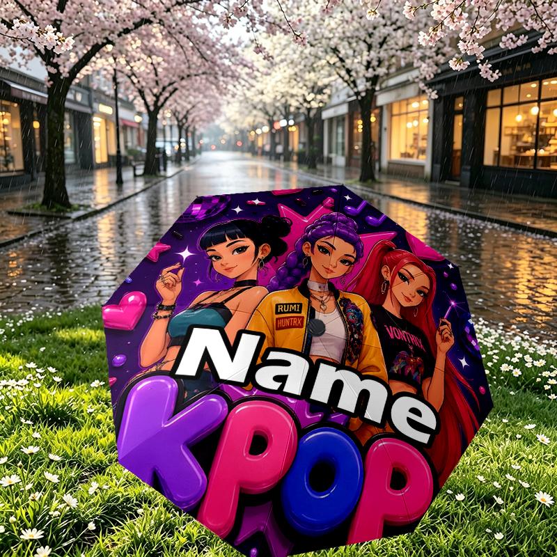 Custom Name Personalized KPop Hunters Print Umbrella, Auto Open Close, 8‑Rib Sturdy Frame, Commute Camping Hiking Use, Birthday Gift