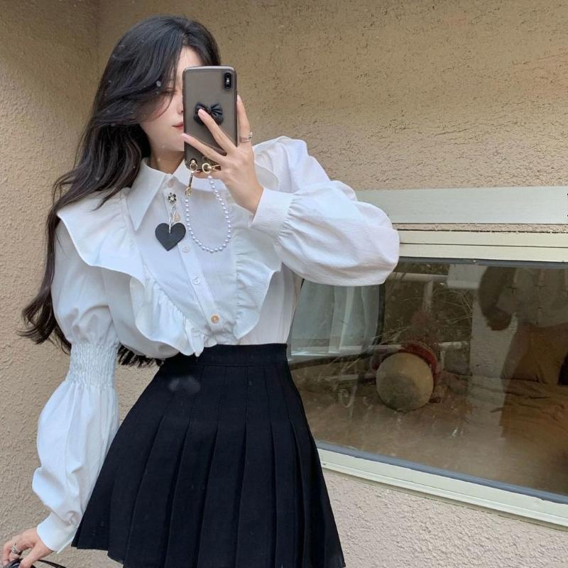Black Heart Decorated Women's Shirt Ruffle Edge Turn Down Collar Lantern Sleeve Elastic Pleated Blouse Summer New Version Loose Lady Top