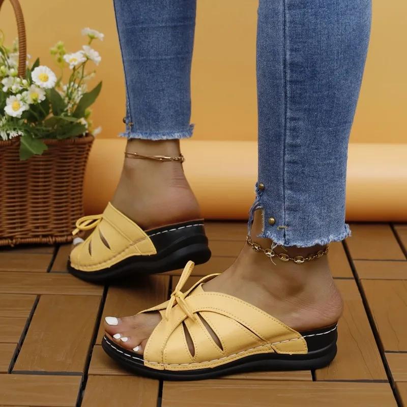 Size 43 Women Wedges Slippers Summer New Peep Toe Butterfly-knot Comfort Platform Wedges Beach Shoes Casual Sandals