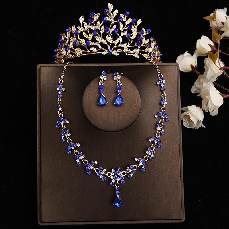 DIEZI Baroque Bridal Rhinestone Crown Tiaras For Women Wedding Princess Queen Blue Crystal Tiaras Necklace Earrings Jewelry Sets