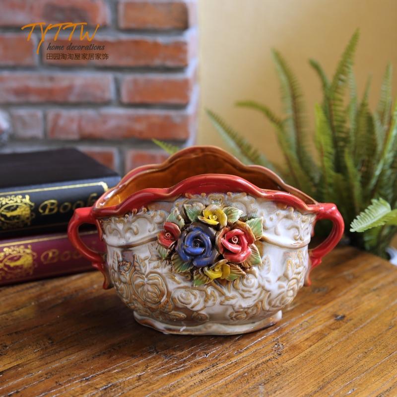 Vase Ceramic Desktop Ornament Painted Pastoral Hand-relief Glazed  Floral Decoration Suitable for Outdoor Garden Living Room 1Pc