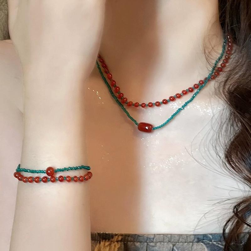 Retro Exquisite Red Blue Contrast Colorful Beaded Necklace For Women Girls Light Luxury Bracelet Jewelry Accessories Gifts
